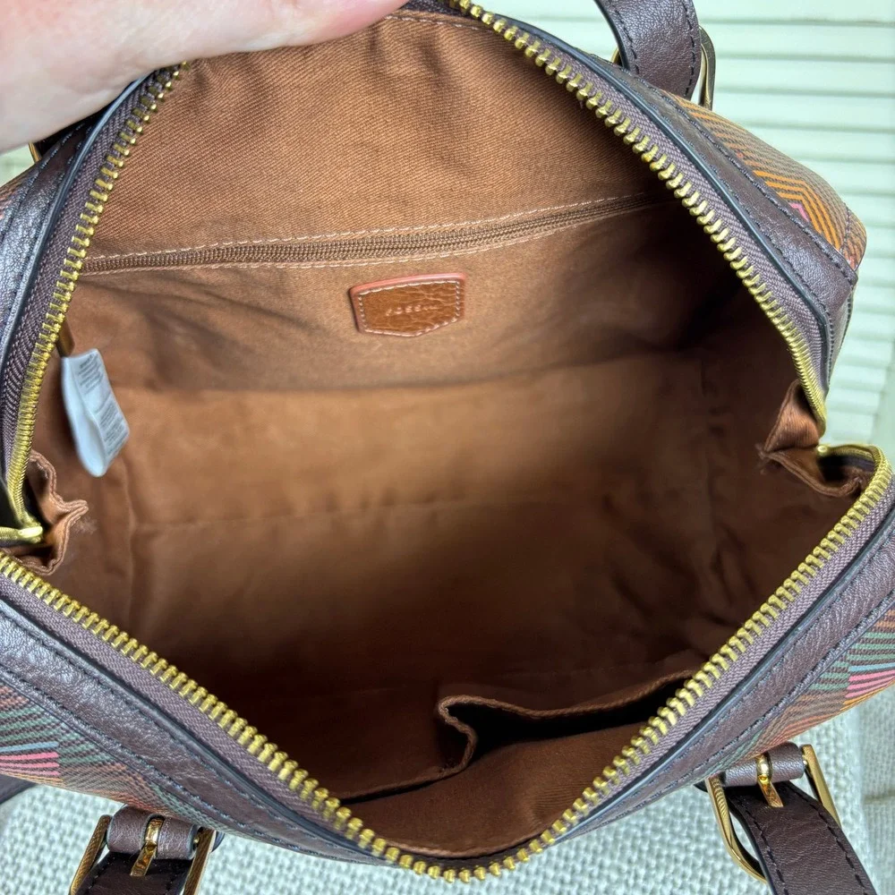 Fossil Brown Chevron Carlie Coated Fabric Harlow Print Satchel Crossbody Bag